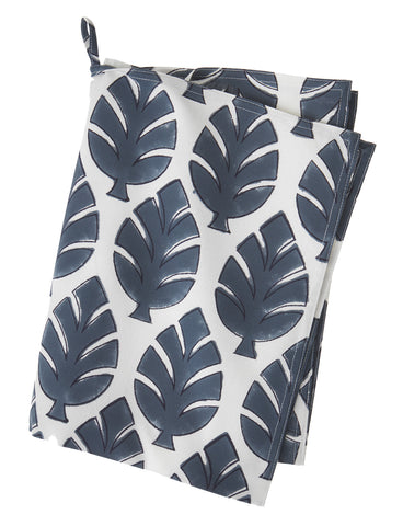 Large leaf print cotton tea towel in blue